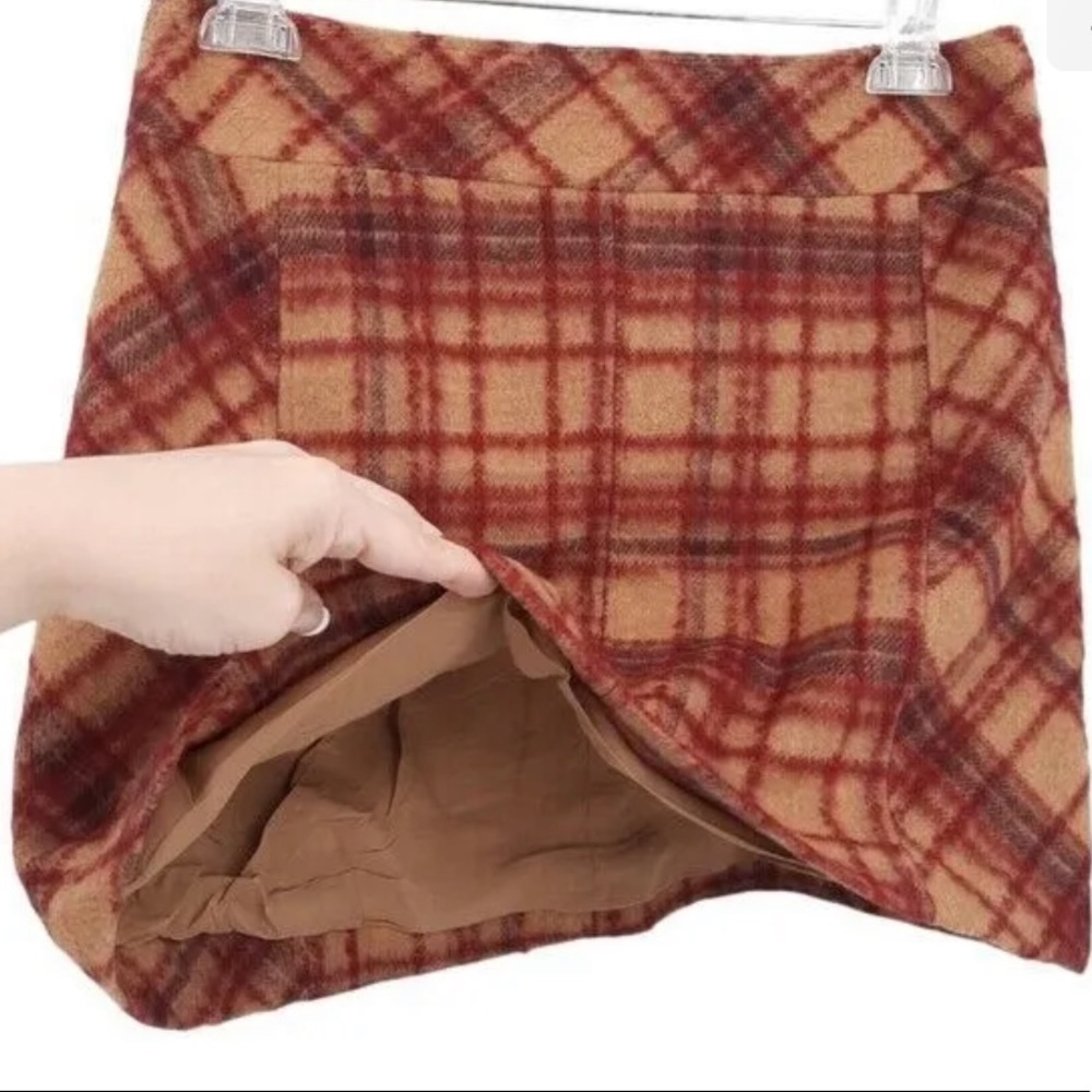 Free People Size 8 Camel Combo Tan Red Plaid Wool Blend Mini Skirt Lined - Picture 7 of 11